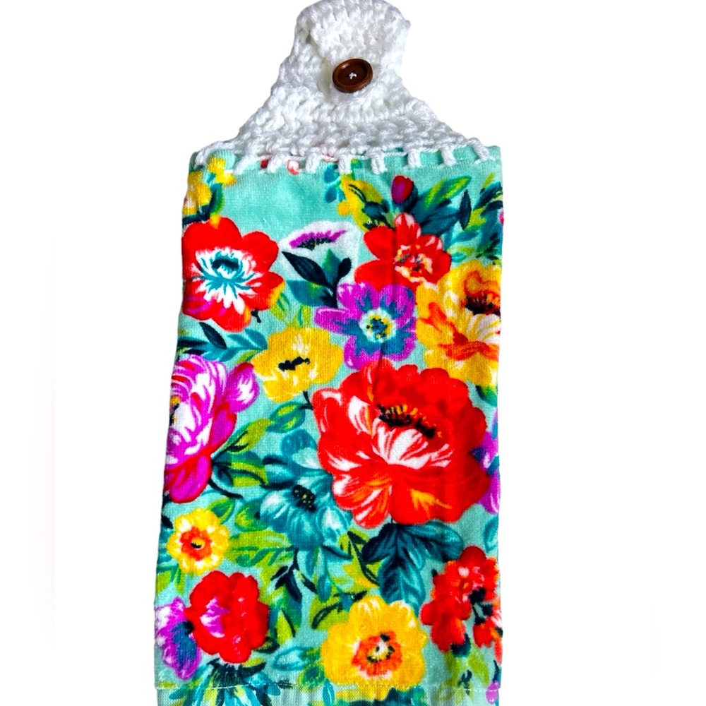 HAND CRAFTED Colorful Floral Crochet Top Hanging Kitchen or Bathroom Hand Towel
